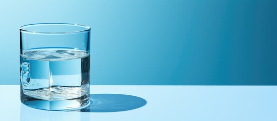Aufkleber - Clear water in a glass with a shadow on a blue background, providing copy space for a mockup image.