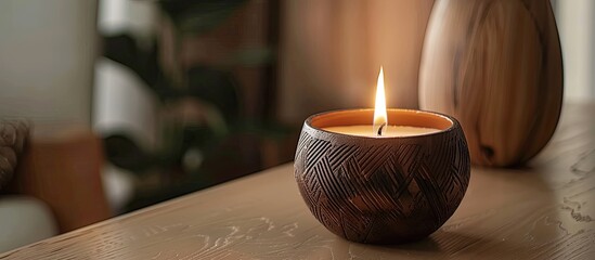 Poster - Beautiful decorative holder with burning candle indoors. with copy space image. Place for adding text or design