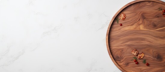 Poster - Circular wooden pizza platter on a white stone kitchen table, seen from above with space for text or images in the middle. with copy space image. Place for adding text or design