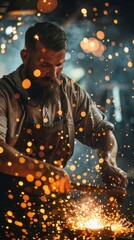 Poster - A man is working with a forge, creating sparks and smoke