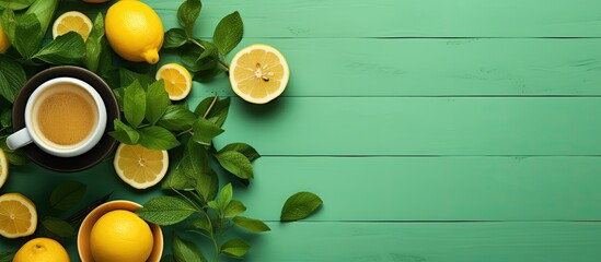 Aufkleber - Top-down view showcasing a delightful tea arrangement with fresh lemon and mint, complete with a teapot, against a background featuring ample copy space image.