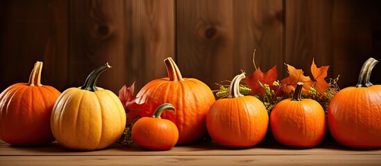Poster - Fall harvest pumpkins arranged on a wooden table with copy space image suitable for autumn-themed designs.
