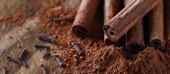 Poster - Close-up of Ceylon cinnamon sticks and powder on a textured wooden surface, perfect for baking, desserts, and drinks. Fragrant with a place for text, copy space image.