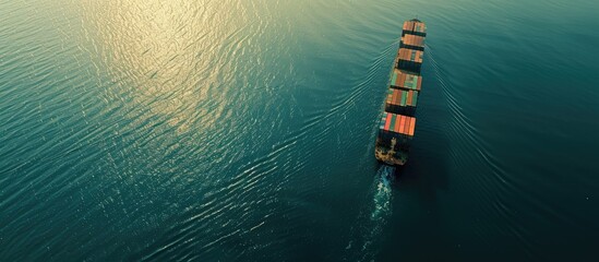 Wall Mural - A bird's eye view captures a massive container ship sailing on the open sea, symbolizing the import-export industry with ample copy space image.