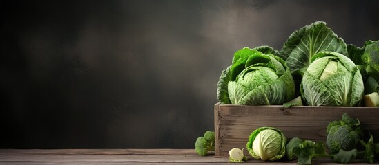 Poster - A wooden box filled with fresh cabbages rests on a grey table, providing a rustic and natural aesthetic in the copy space image.