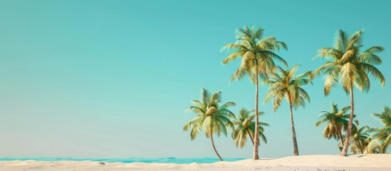 Wall Mural - Modern summer scene featuring coconut trees on beach sand against a blue backdrop. Chic and artistic with space for text and images. with copy space image. Place for adding text or design
