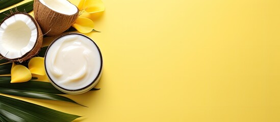 Aufkleber - Top view minimal flat lay style image of organic cosmetics using coconut elements like oil, ripe coconut, and tropical leaves on a yellow background with coconut shavings, oil, and milk with copy