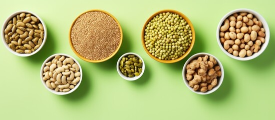 Poster - Top view of white bowls containing dried chickpeas, assorted legumes, and spices on a light green backdrop, ideal for promoting vegetable protein, copy space image.