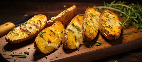 Aufkleber - Wooden background displays baked potato wedges with cheese and herbs, with copy space image.