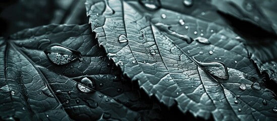 Monochrome-toned close-up of a leaf with water droplets, ideal for a copy space image.