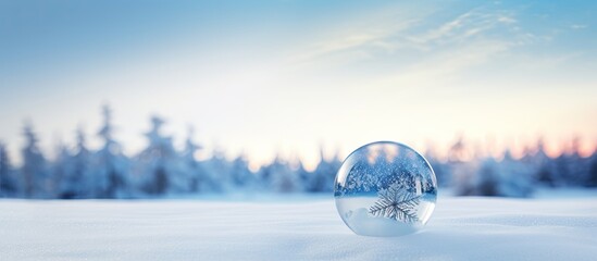 Sticker - Christmas bauble decoration in snowy landscape with copy space image.