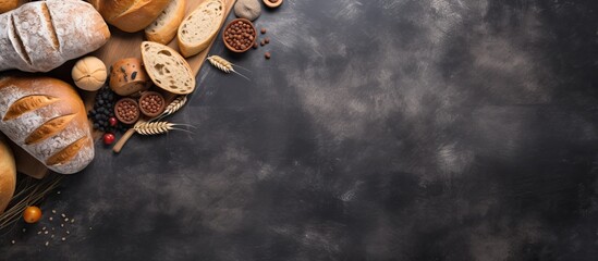 Poster - Top view of a selection of rustic bread and rolls on a stone surface, with a blank area for adding your text in the image. with copy space image. Place for adding text or design