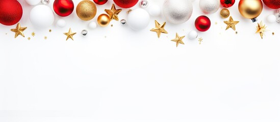 Poster - Top view of a Christmas-themed background featuring ornaments and decorations on a white backdrop, allowing for text placement within the copy space image.