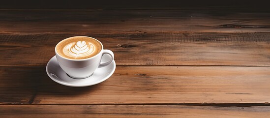 Aufkleber - A white coffee cup filled with latte coffee, set on a wooden surface, providing an area for text or images. with copy space image. Place for adding text or design