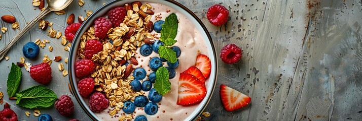 Wall Mural - trendy smoothie bowl filled with a thick, creamy smoothie base and topped with fresh blueberries, granola, nuts, and other tasty topping