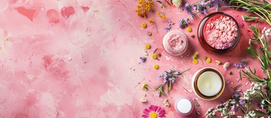 Wall Mural - A top-down view of skincare items and flowers on a pink background with a wellness beauty theme, featuring organic skincare products. Copy space image included.