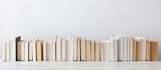 Poster - Books arranged neatly with open pages on a blank white surface, suitable for a copy space image.