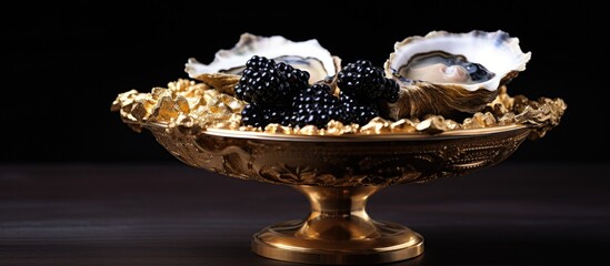 Poster - Delicacy: European oyster topped with luxurious black caviar and adorned with shimmering gold leaf, creating an exquisite visual with copy space image.