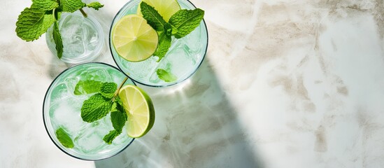 Fototapete - Top view of two highball glasses with a traditional Mojito cocktail served in a bar. The drink features rum, spearmint, lime juice, soda water, and ice, placed on a white concrete table with ample