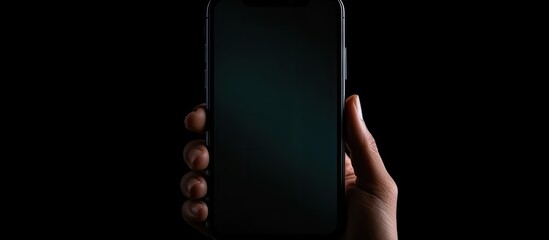 Aufkleber - A woman is holding a smartphone with a dark screen in her hand against a white background, with available copy space for an image.