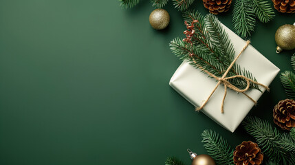 A white gift box with twine and pine sprigs, surrounded by pine branches, cones, and gold ornaments on a green background.