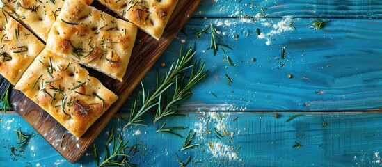 Poster - Top view arrangement of focaccia bread on a blue wooden surface with room for text in the image. with copy space image. Place for adding text or design