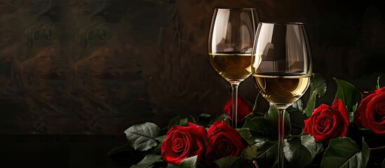 Aufkleber - A dark background sets the scene for an elegant composition featuring wine glasses, roses, and ample copy space image.