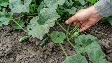 Wall Mural - A hand is reaching for cucumbers in a garden