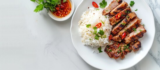Aufkleber - Grilled Pork and Jasmine Rice on a white background plate, suitable for background purposes with available copy space image for adding text.