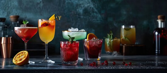Aufkleber - Various delectable cocktails displayed on a dark tabletop in a bar setting with available copy space image.