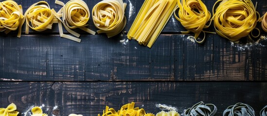 Various types of handmade Italian pasta like tagliatelle, spaghetti, cannelloni, garganelle, and lasagna are displayed against a dark wooden backdrop, leaving room for additional images.