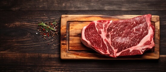 Aufkleber - Marbled beef striploin steak displayed on a rustic meat cleaver, set against a wooden background in a top view perspective with copy space image.