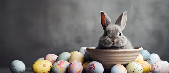 Leinwandbilder - Close-up of Easter bunny with eggs in a bowl on a grey background with copy space image.