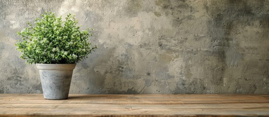Fototapete - Small plant placed on a wooden table with a blank wall in the background providing a neat backdrop with ample space for adding text or images.