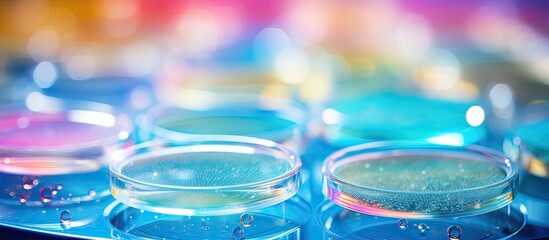 Aufkleber - Close-up view of petri dishes containing liquid samples, a pipette, on a colorful background, providing copy space image.
