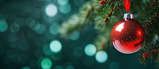 Poster - Close-up photo of a red candy Christmas decoration on a green fir tree with copy space image.
