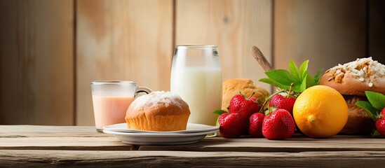 Poster - Breakfast table with a boiled egg, raisin and coconut muffin, fruit juice, and honey on a wooden background with copy space image available.