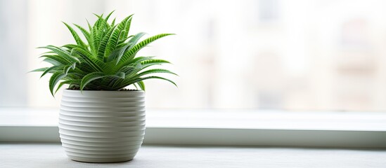 Poster - Modern, stylish office plant - Haworthia Fasciata in pot, set on white textured backdrop in top view with copy space image.