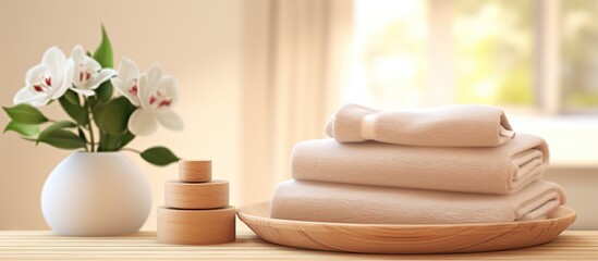 Poster - Wooden plate with towels displayed, against a blurred bathroom backdrop. Intended for product presentation with available copy space image.