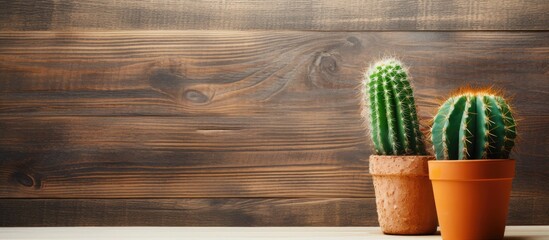 Wall Mural - Cactus placed on a rustic wooden surface with a blank area for an image. with copy space image. Place for adding text or design