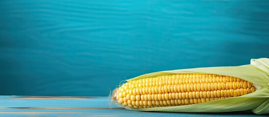 Fototapete - Close-up of a ripe yellow sweet corn cob on a turquoise wooden table with copy space image.