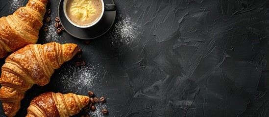Leinwandbilder - Top view of delicious croissants with butter, a cup of coffee on a black background providing copy space image.