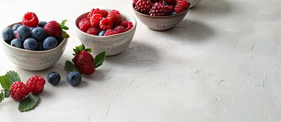 Leinwandbilder - A summer-themed image featuring freshly picked berries in bowls on a white table evoking thoughts of summer cuisine, showcased with a soft focus and ample copy space.
