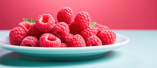 Leinwandbilder - Close-up shot of fresh red raspberries on a pink plate against a light background, illustrating a healthy eating concept with ample copy space image.