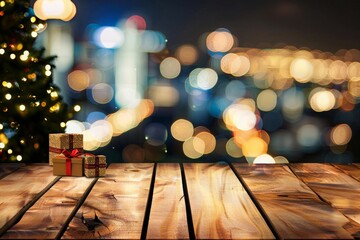 Empty old wooden surface or table on a blurred background of blurry cityscape lights. Neutral abstract backdrop mock-up of a showcase for demonstrating products. Evening city. Mockup with copy space