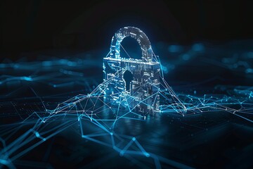 Wall Mural - Glowing digital padlock on dark blue background. Cybersecurity and data encryption concept illustration.