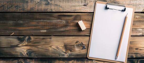Poster - Responsive design template featuring a clipboard with a blank white sheet of paper, a pencil, and an eraser on a wooden background, suitable for a copy space image.
