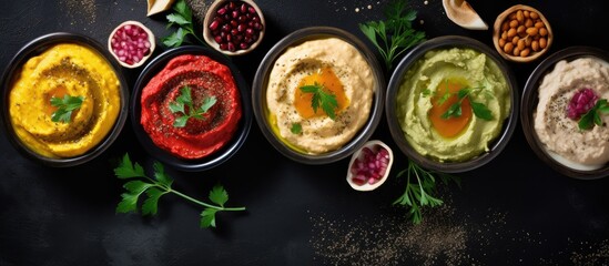 Varieties of hummus in colorful bowls displayed on a dark rustic background with copy space image. Top view arrangement perfect for clean eating, vegetarian diets, or party spreads.