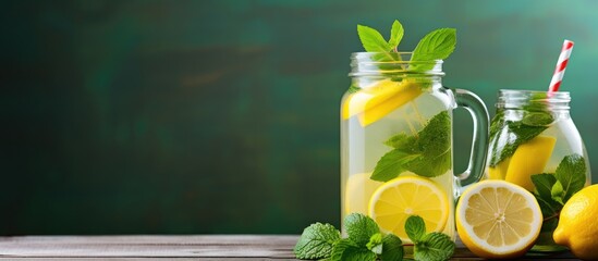 Aufkleber - Homemade lemonade with lemon and mint in a Mason jar and jug, perfect for your copy space image.