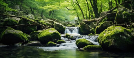 Poster - Mountain scenery with a tranquil small waterfall, providing a serene backdrop for a copy space image.